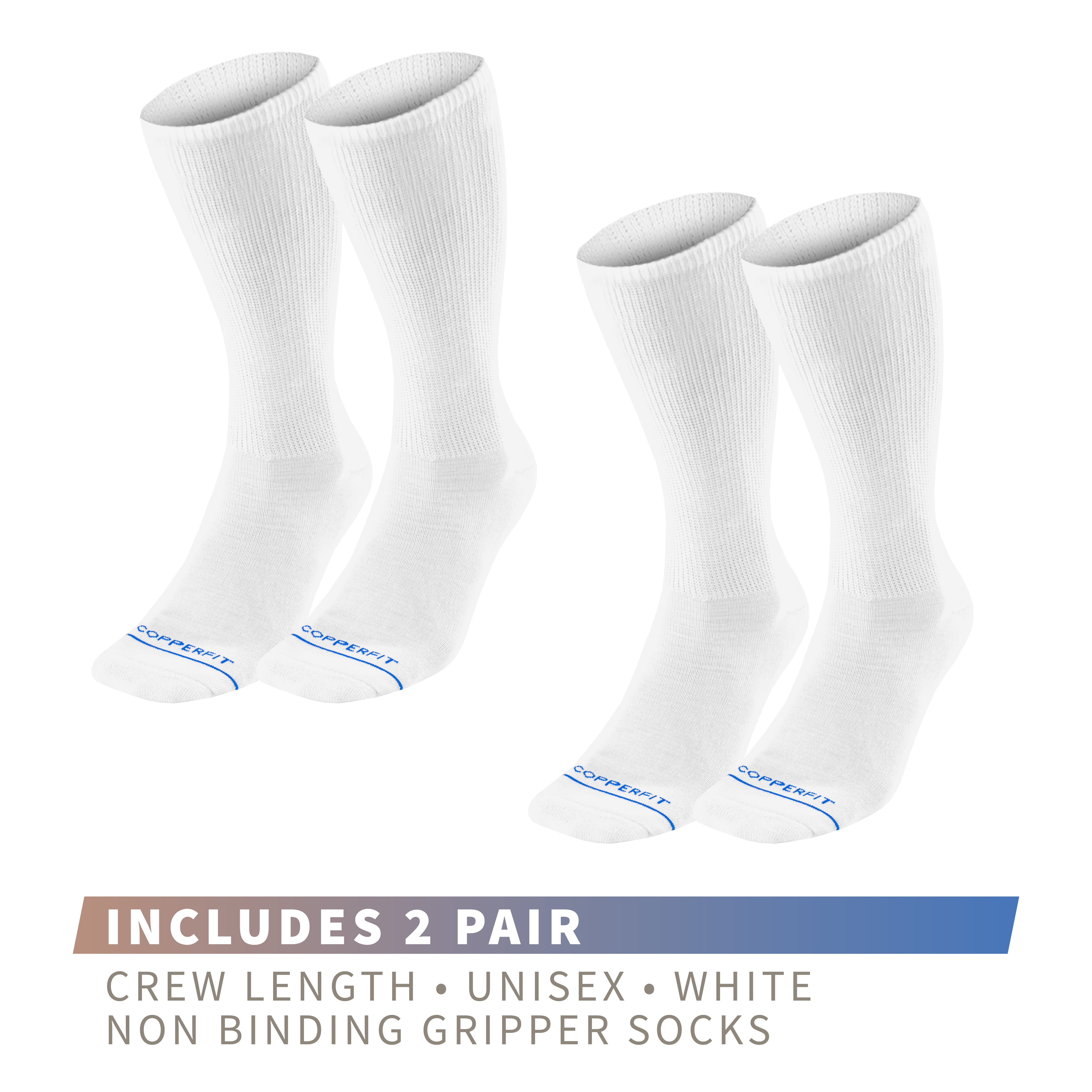 Copper Fit® Non-Binding Diabetes and Circulatory Crew Socks with Grippers, 2 Pair, White, S/M, Unisex