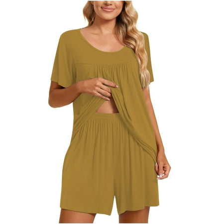

Posijego Plus Size Pajamas 2 Pieces Outfit for Women Short Sleeve Crew Neck Pleated Top Loose Shorts Pjs Set Loungewear
