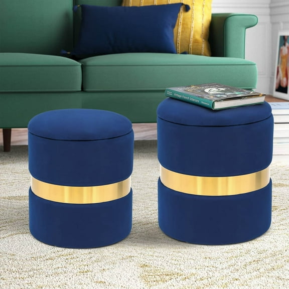 Homebeez Round Velvet Storage Ottoman,Vanity Stool Modern Upholstered Footstool Blue , Pack of 2