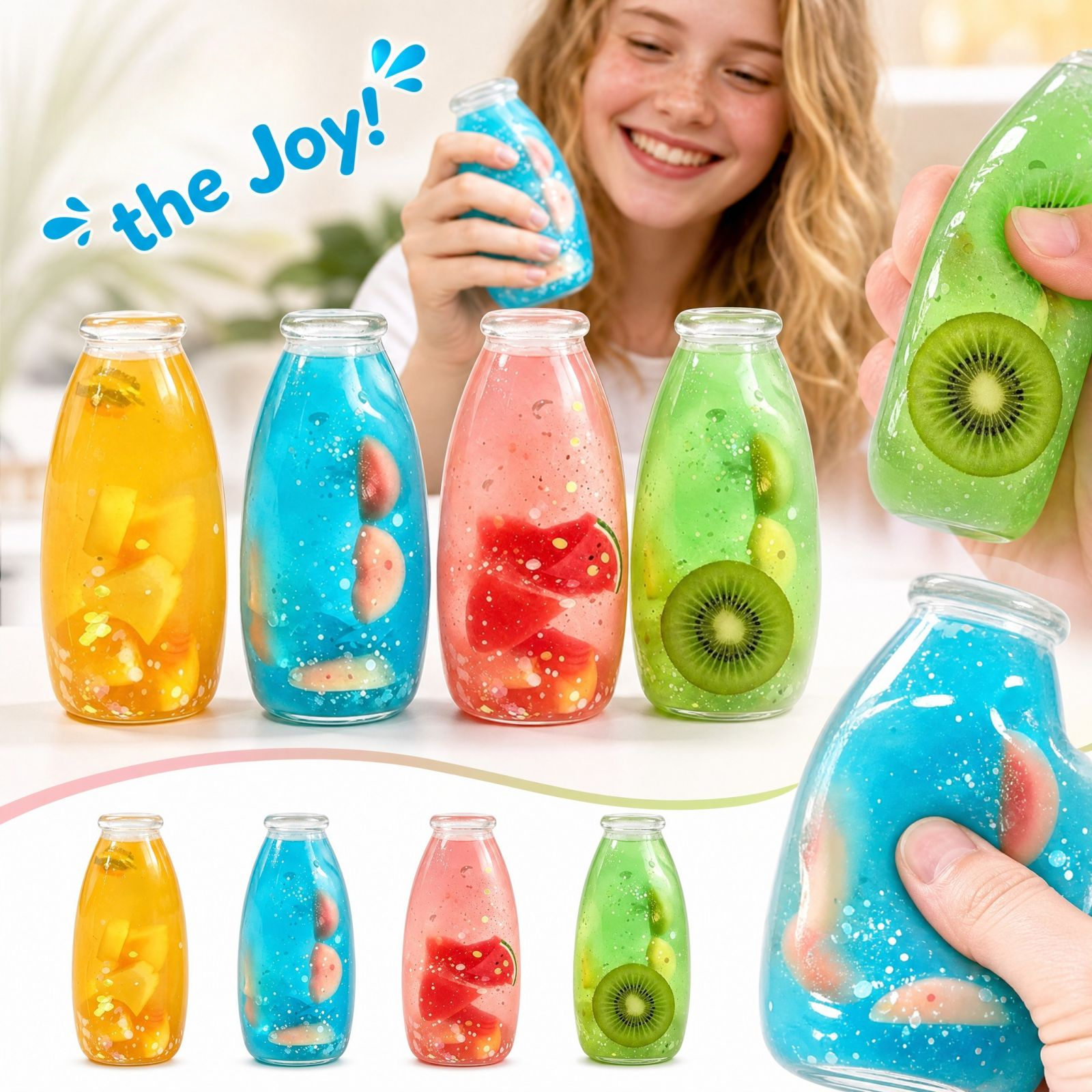 Fruit Milk Bottle Squishy Toys Slow Rising Fidget Sensory Toy with Realistic Fruit Slices for Stress Relief Anxiety Classroom & Party Favors