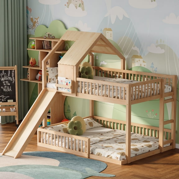 Wood Full XL Over Queen Bunk Bed Frame with Slide and Fence, Floor House Bunk Bed Frame for Kids, Teens, Juniors, Wood Slats and No Box Spring Needed, Natural