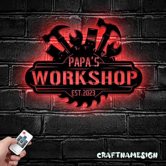 Craftnamesign Custom Garage Metal Wall Art LED Light, Personalized Workshop Name Sign Home Decor