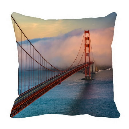 PHFZK City Landscape Pillow Case, Sunset View of the Golden Gate Bridge and Fog Pillowcase Throw Pillow Cushion Cover Two Sides Size 18x18