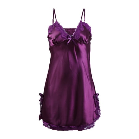 Women Satin Lace Trim Sleepwear Nightgown Pajama Slip Dress Purple-Lace ...