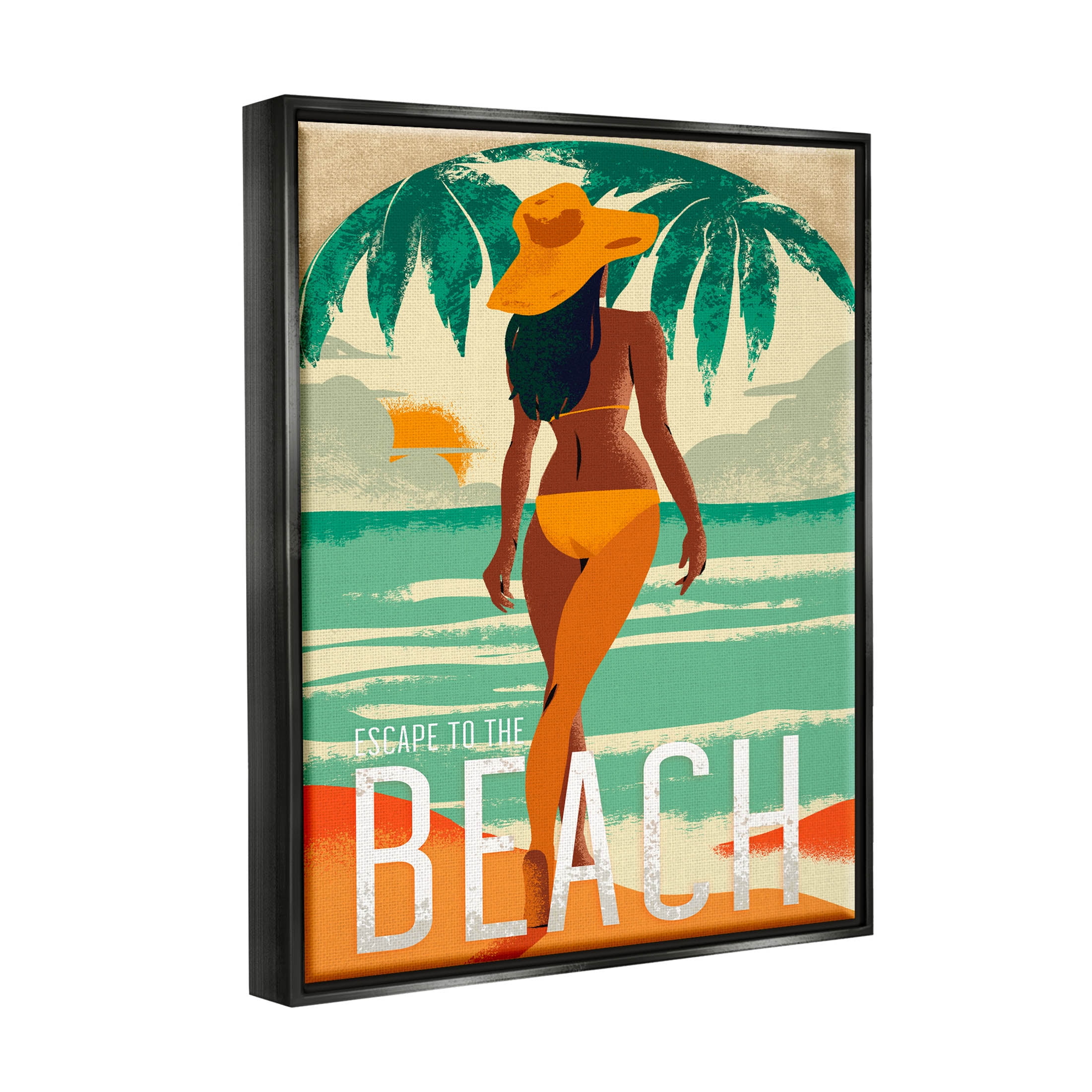 Stupell Industries Escape to Beach Vacation Graphic Art Jet Black Floating Framed Canvas Print Wall Art, Design by Ziwei Li