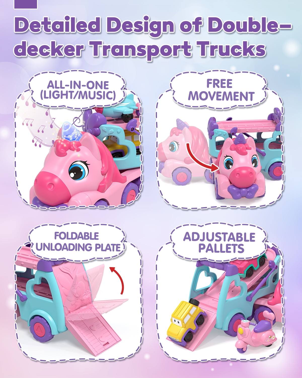 Toddler Girl Toys, 5-in-1 Toy Cars for Girls with Lights & Music, 2 Year Old Girl Toys, Unicorn Toys, Car Carrier Truck Toy, Toys for 1 2 3 Year Old Girls