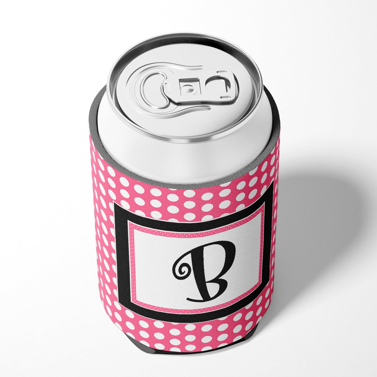 Letter B Initial Monogram - Pink Black Polka Dots Can or Bottle Beverage Insulator Hugger