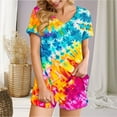 thumbnail image 5 of 2 Piece Pajamas Sets for Women Summer Tie-dye Outfits Short Sleeve Pleated V Neck Top and Shorts Set lounge Homewear (L, Blue 01), 5 of 5