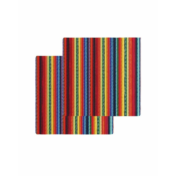 Rainbow Striped Kitchen Dish Towels for Drying Dishes Set of 2, Boho Ethnic Colorful Lines Minimalist Waffle Weave Microfiber Terry Hand Tea Bathroom Towels Quick Dry & Absorbent Towel 12x12