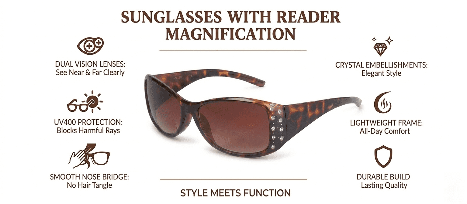 2 Pair of Womens Designer Bifocal Sunglasses with Rhinestones - Black/Black - 2.50
