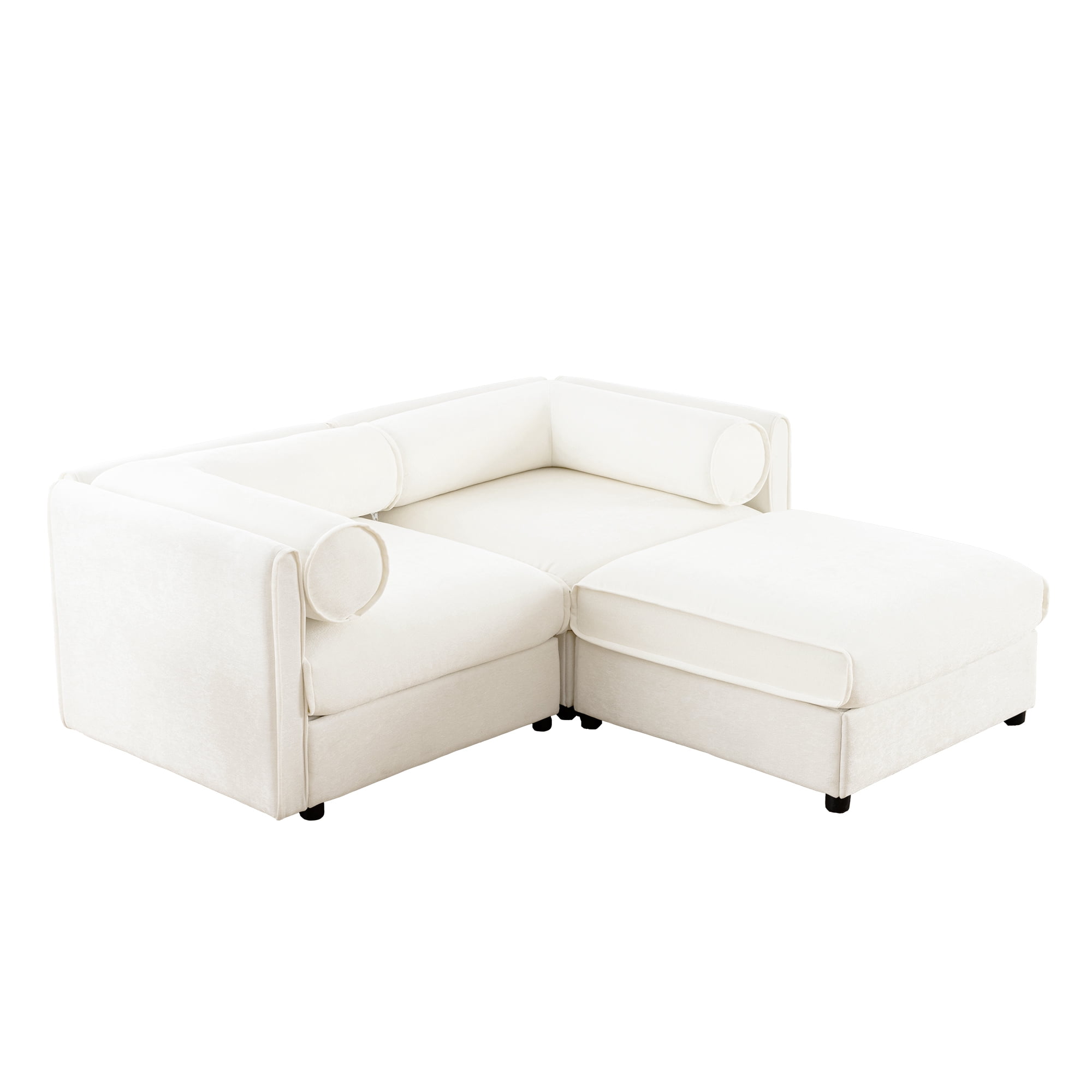 Gewnee Modern Stylish 75.5" Deep Seat White Chenille 2- Seaters Sofa Couch,Loveseat with Ottoman Hidden Storage Seat, Cylindrical Backrest and Armrests Sofa