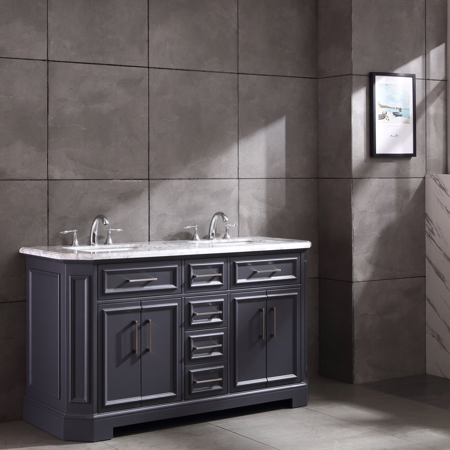 Eviva Glory 60" Dark Grey Bathroom Vanity with Carrara Marble Counter ...