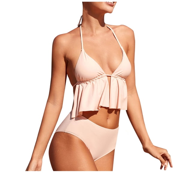 Kilaqueen Bathing Suit for Women Two Piece Ruffled Halter Deep V Neck Backless Tops Stretch Solid Color Short Swimsuit
