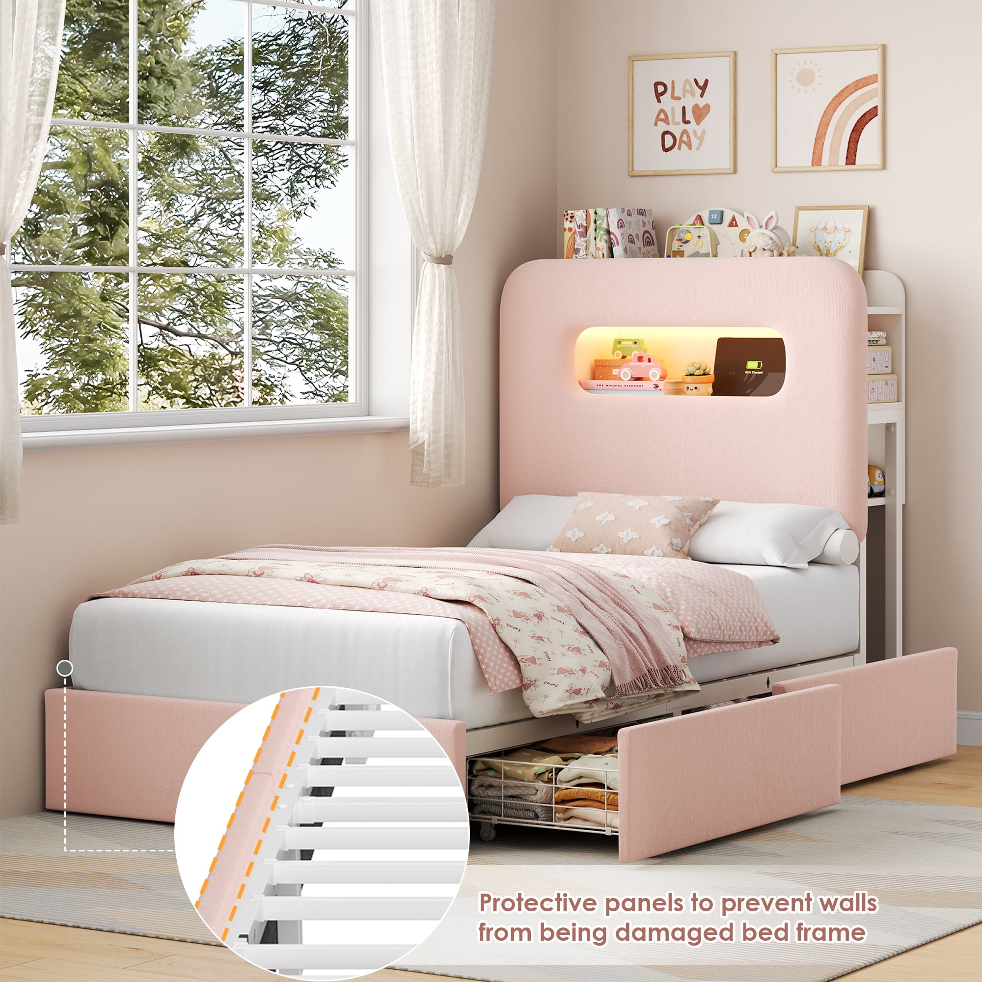Homfa Twin Size Velvet Upholstered Bed with LED Lights & 2 Drawers, Storage Headboard Platform Bed Frame with USB Ports & Outlets, Pink
