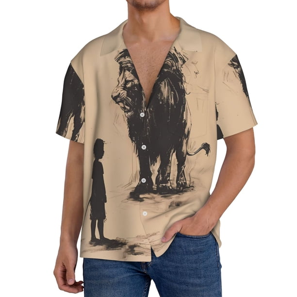 Balery Child And Lion Sketch Camisa Casual de Manga Corta con Botones para Hombre, Texturizada, Estilo Cubano, para Playa, Verano-Small