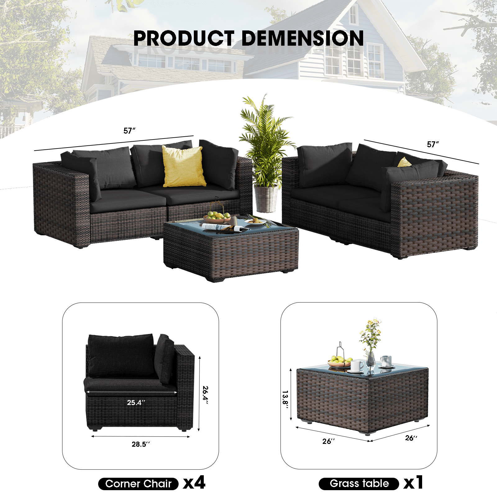 TANGJEAMER 5 Piece Patio Furniture Set, All Weather Outdoor Sectional PE Rattan, Patio Conversation Sets with Cushions and Glass Coffee Table for Garden Lawn Balcony Porch Deck, Black