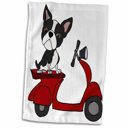 Funny Dog Figurines 3dRose Funny Cute Boston Terrier Dog Riding red Motor Scooter Art - Towel, 15 by 22-inch ()