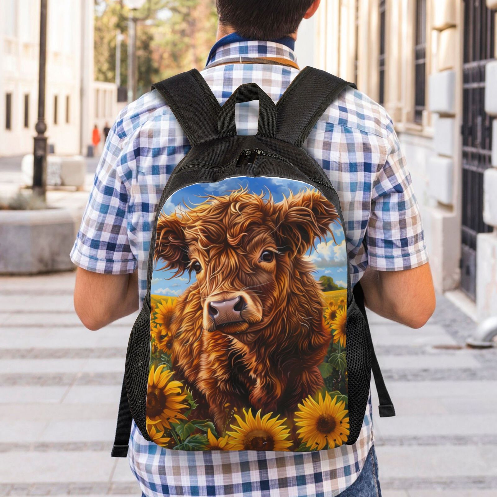 Xecao Cloud Sky Sunflower Cow Print School Backpack with Laptop Compartment Small Travel Laptop Backpack for Women Men Waterproof College Backpack Simple School Bag