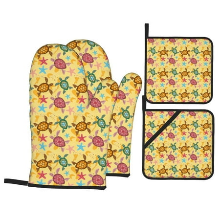 

Oven Mitts and Pot Holders Sets 4 pcs Ocean And Sea And Sand Non-Slip Oven Gloves Potholders Soft Quilted Lining Heat Resistant Gloves Hot Pads for Kitchen Cooking Baking