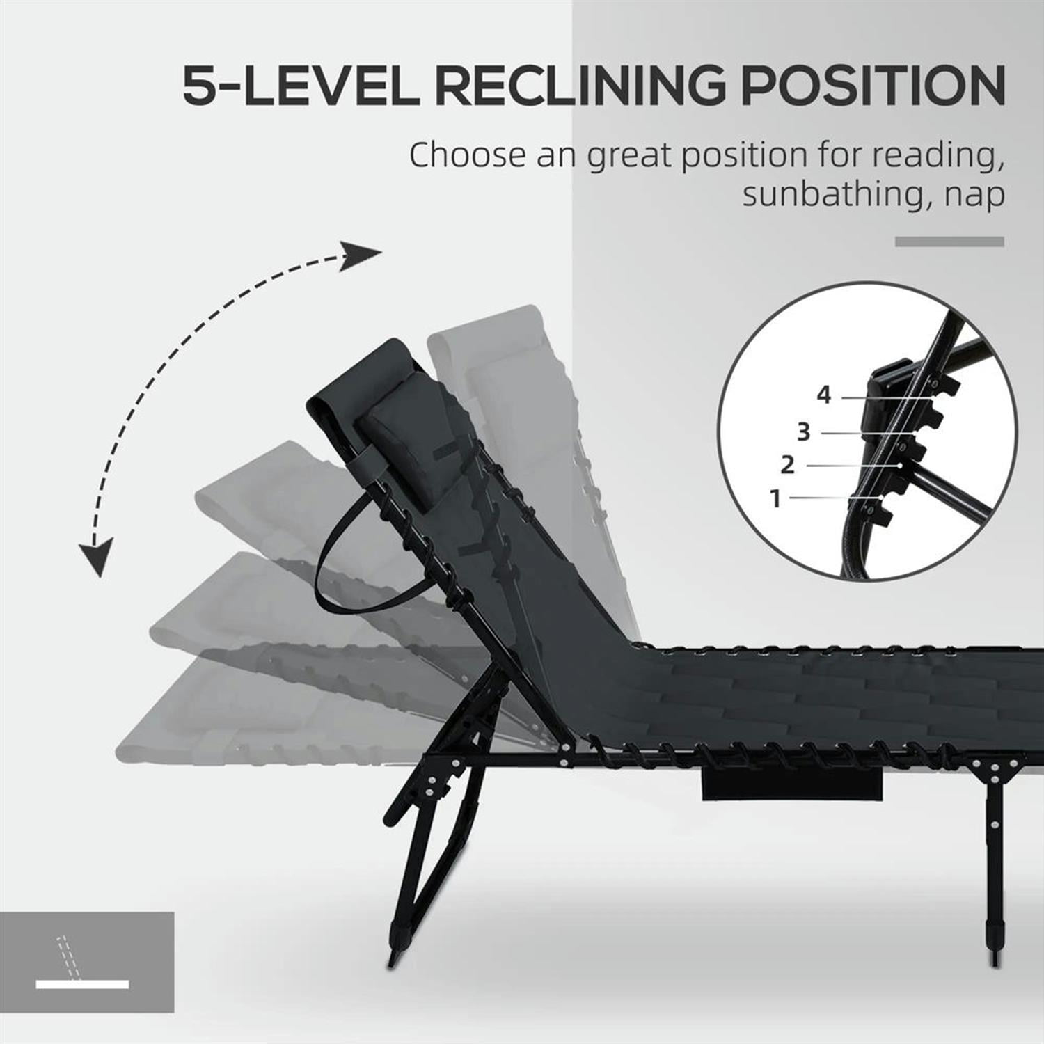 Demi Bonn Outdoor Folding Lounger Chaise with Reclining, Heavy Duty Frame, Portable Relaxation for Beach, Yard, Patio, Black