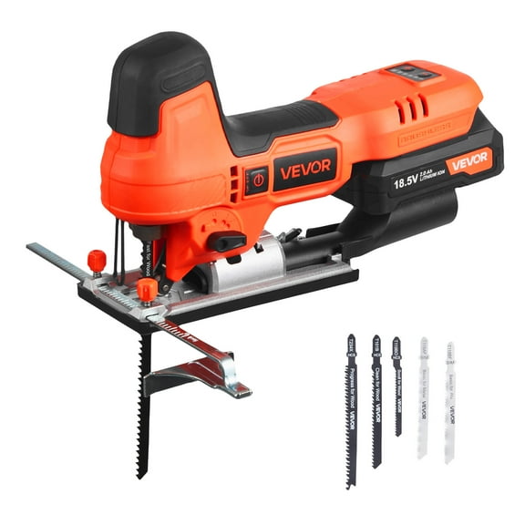 VEVOR Cordless Jig Saw, 20 V Brushless Motor, 3500 SPM Blade Speed, Cordless Jigsaw with 6 pcs Blades, LED Light, 6 Variable Speed, 0- 45° Bevel Cuts, 4 Orbital Settings for Straight/Circle Cutting