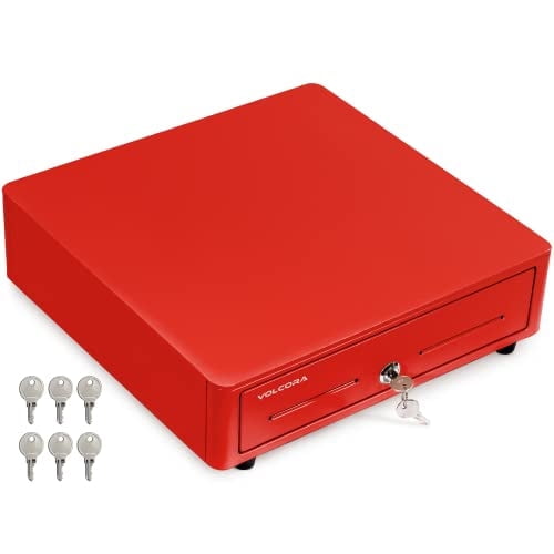 Volcora Cash Register Drawer for (POS) Point of Sale System with Round Corner 13", Removable Coin Tray, 4 Bill/5 Coin, 12-24V, RJ11/RJ12 Key-Lock, Media Slot,Cash Till, for Business, Red