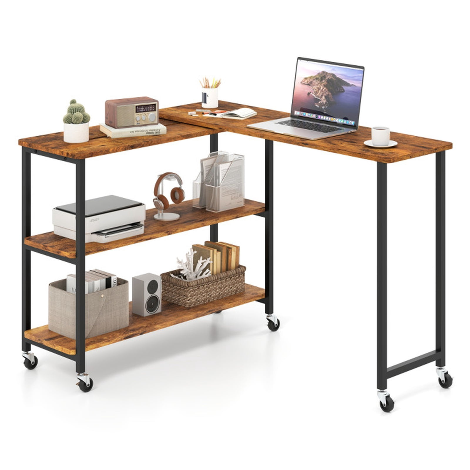 Furnibear Large 360 Degree Rotating Sofa Side Table with Lockable Wheels and Two Tier Storage Shelf for Living Room Office and Entryway, Brown
