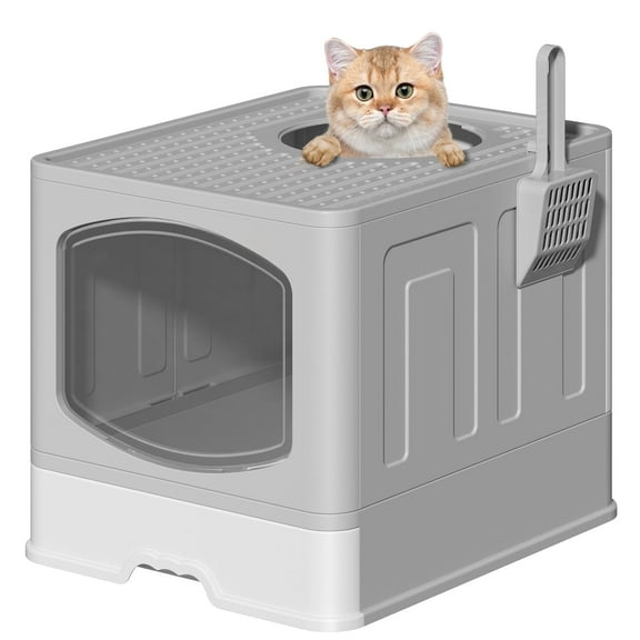 Cshidworld Large Foldable Cat Litter Box with Scoop, Front Entry Top Exit Cat Litter Pan with Lid, Enclosed Anti-Splashing Kitty Litter Box, Drawer Type Cat Litter Easy Cleaning and Scoop, Gray