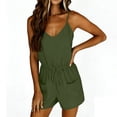 thumbnail image 5 of Spaghetti Strap Short Romper for Women Soft Drawstring High Waist Loungewear Casual Jumpsuit Shorts with Pockets Green XL, 5 of 6