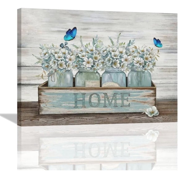 Farmhouse Flower Butterfly Bathroom Wall Art Country Floral Flower Bathroom Decor Rustic Flower Canvas Painting Framed Artwork for Bathroom Living Room Kitchen Bedroom 16"x12"