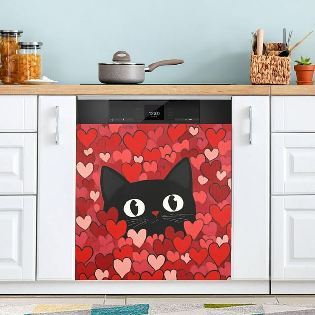 Hearts Valentine Cat Dishwasher Magnet Cover Magnetic Refrigerator Wash Machine Cover Decal Decorative Appliances Sticker for Kitchen Home Cabinet Decor 23"x26"