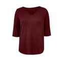 thumbnail image 6 of ManxiVoo Womens Brushed Striped V Neck Tee Shirt Artistic Retro Inspired Three Quarter Sleeve Top XXL Size Wine, 6 of 7