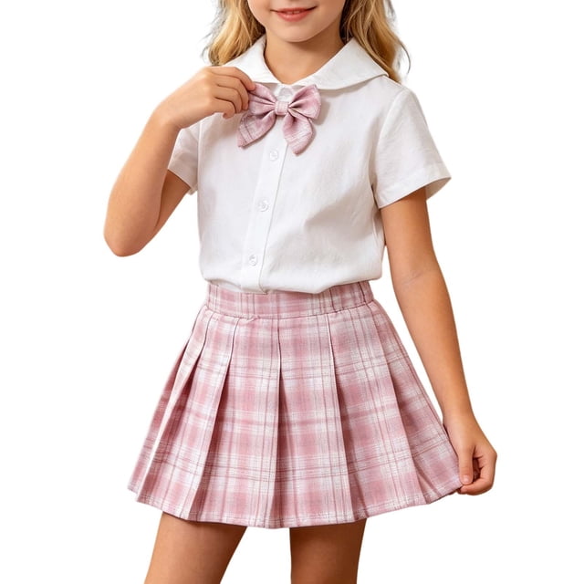 Odeerbi Camisa de Cuello de Marinero de Vestido Preppy de 2 Piezas de Niñas y Falda Plisada En Cuadro Uniforme Escolar Con Corbata