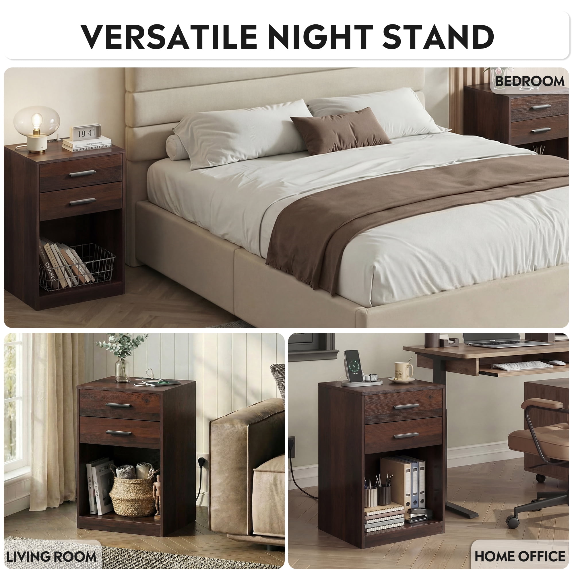 GALAXHERO Nightstand Set of 2 with Charging Station and 2 Drawers, Wood Bedside Table End Table with Open Shelf for Bedroom, Living Room, Espresso