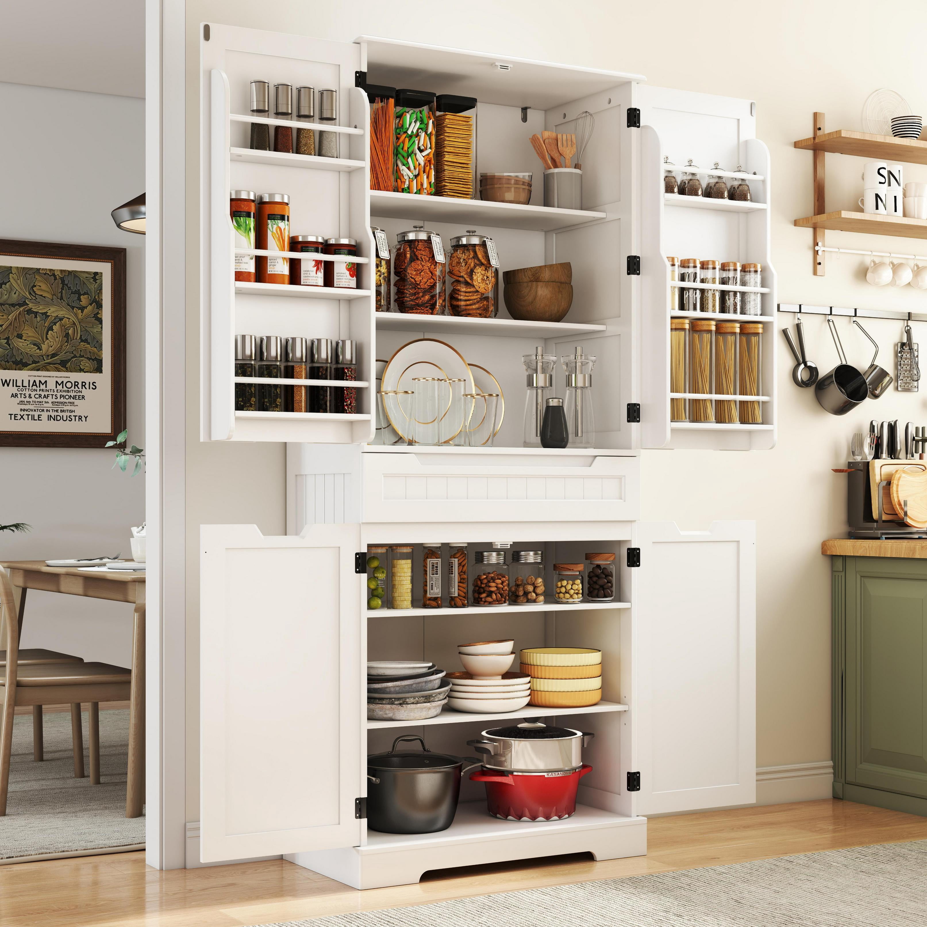 Pantry Cabinet Clearance, Lofka 71" Large Kitchen Storage Cabinet with Adjustable Shelves & Anti-Tip Design, 4 Doors, 12 Shelves, 1 Drawer, White