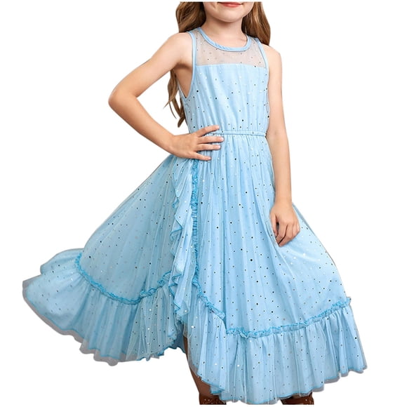 Girls Party Dress Sequin Mesh Sleeveless Round Neck Maxi Dress Ruffle Hem Wedding Formal Gowns 6-14 Years (6-7 Years, Sky Blue)