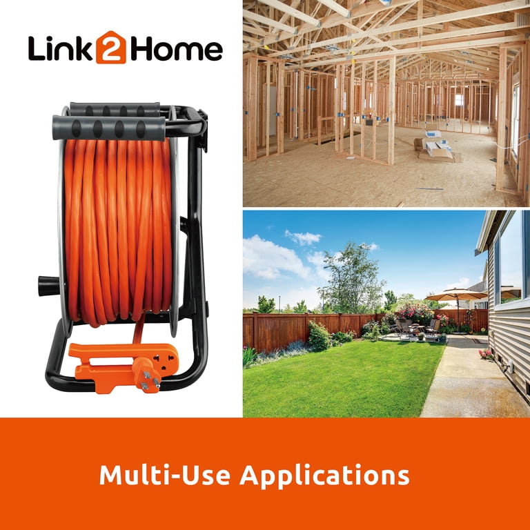 Link2Home 75 Ft Contractor Extension Cord Reel, 12AWG, 4 Outlets