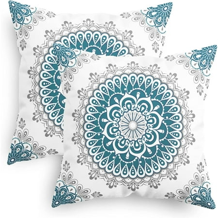 

CaliTime Throw Pillow Covers Pack of 2 Cozy Fleece Mandala Dahlia Floral Medallion Compass Style Cushion Cases for Couch Bed Sofa Farmhouse Decoration 16x16 Inches Teal Grey