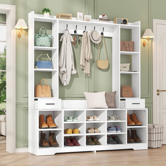 Cikuso Hall Tree with Bench and Shoe Cabinet, Modern Coat Rack and 5 Hooks for Entryway, Wood Shoe Cabinet with Drawers and Shelves, White