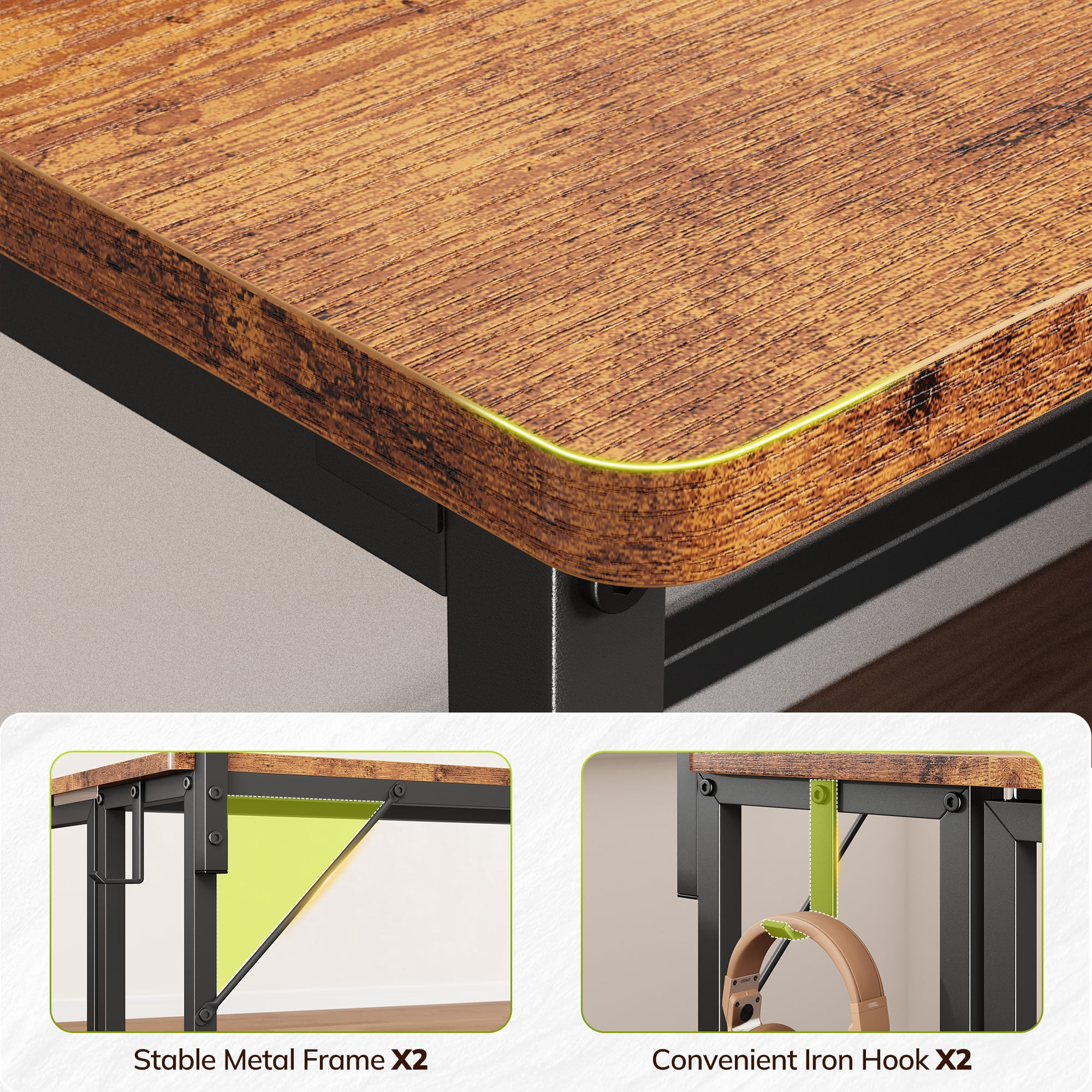 Romorgniz 39.4"D Computer Desk with LED Lights, Foldable Desk with Monitor Stand & Hooks, Computer Desk for Small Space, Rustic Brown