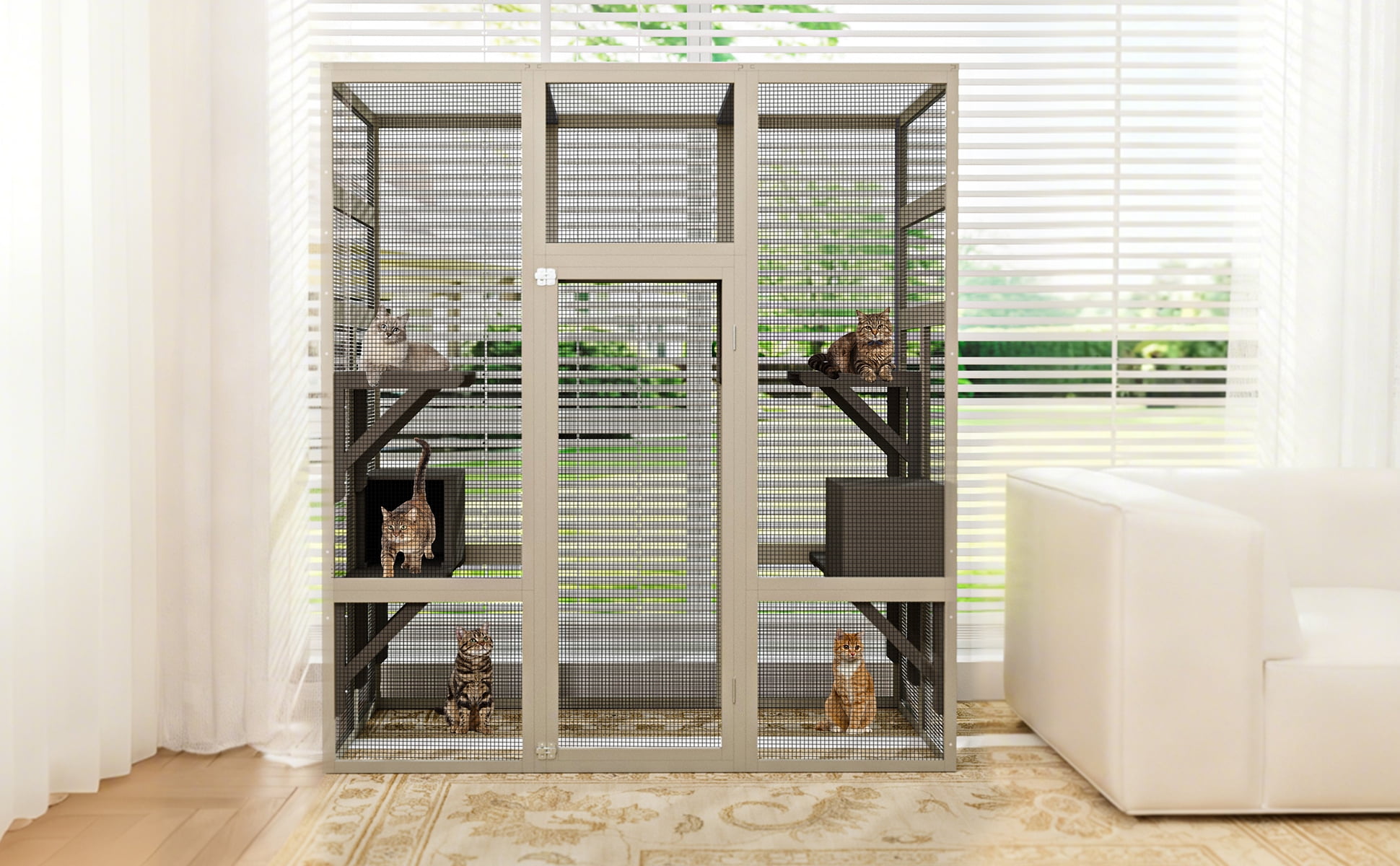 Catio Outdoor Cat Enclosure with 7 Platforms, 2 Resting Boxes, Large Window Cat House for 4-6 Mulitiple Cats Walk in Kitty Cage 70"