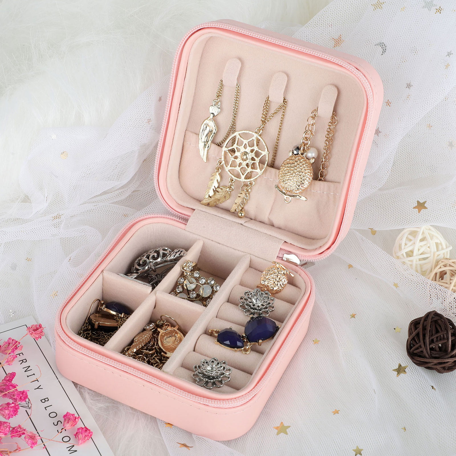 Casegrace Portable Travel Mini Jewelry Box Leather Jewellery Ring Organizer Case Storage Gift Box Girls Women, Women's, Size: One size, Pink