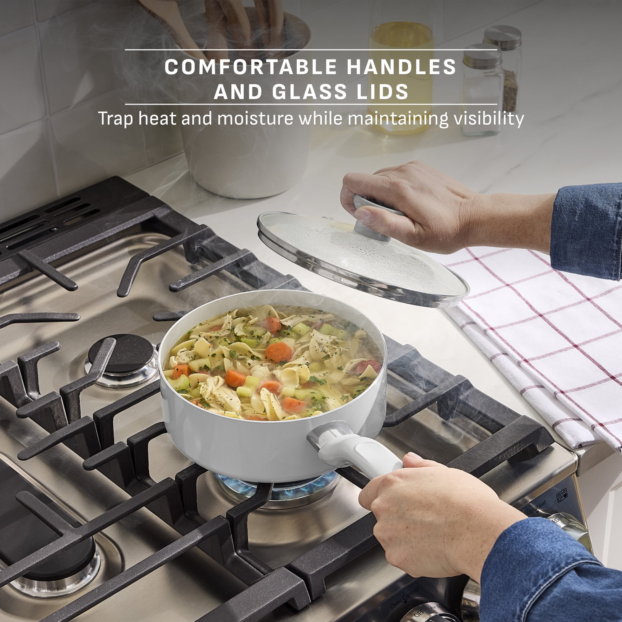 T-fal Easy Care 12 Piece Ceramic Nonstick Cookware Set, Pots and Pans, Moon Grey