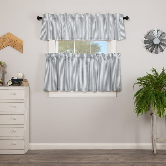 VHC Brands Sawyer Mill Blue 3 PC Ticking Stripe Curtain Set (1 Valance 16x72 and 2 Tier 24x36)
