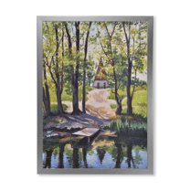 Designart 'Mysterious Countryside House By The River In The Woods' Lake House Framed Art Print