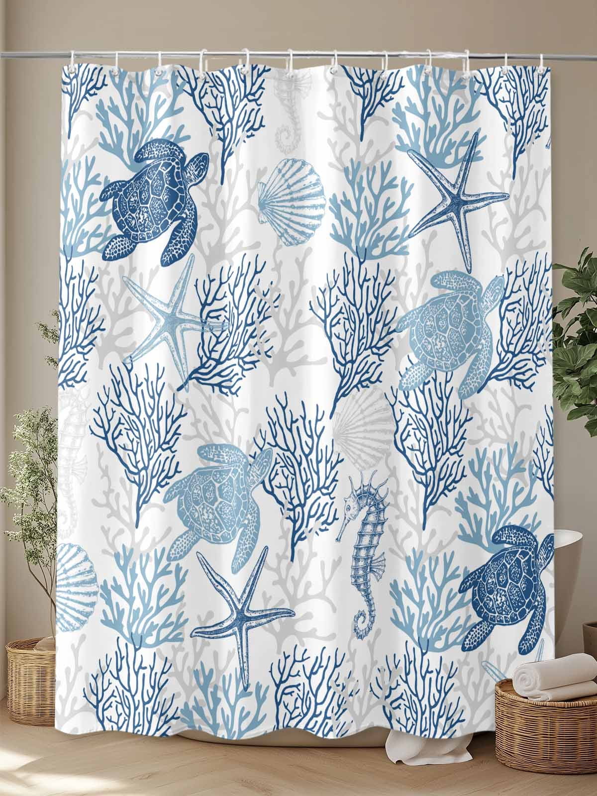 Boanket Polyester Fabric Navy Blue Grey Coastal Shower Curtain, Sea Turtle Nautical Coral Summer Beach Waterproof Bathtub Curtain Bathroom Decor Set with Hooks 54 x 78 Inches,