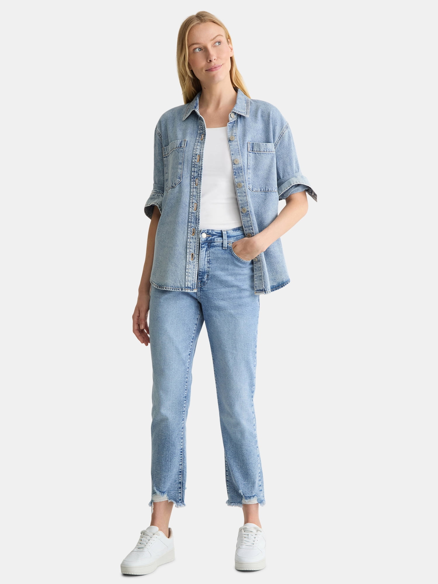 Time and Tru Women's Denim Overshirt with Long Sleeves, Sizes XS-XXXL