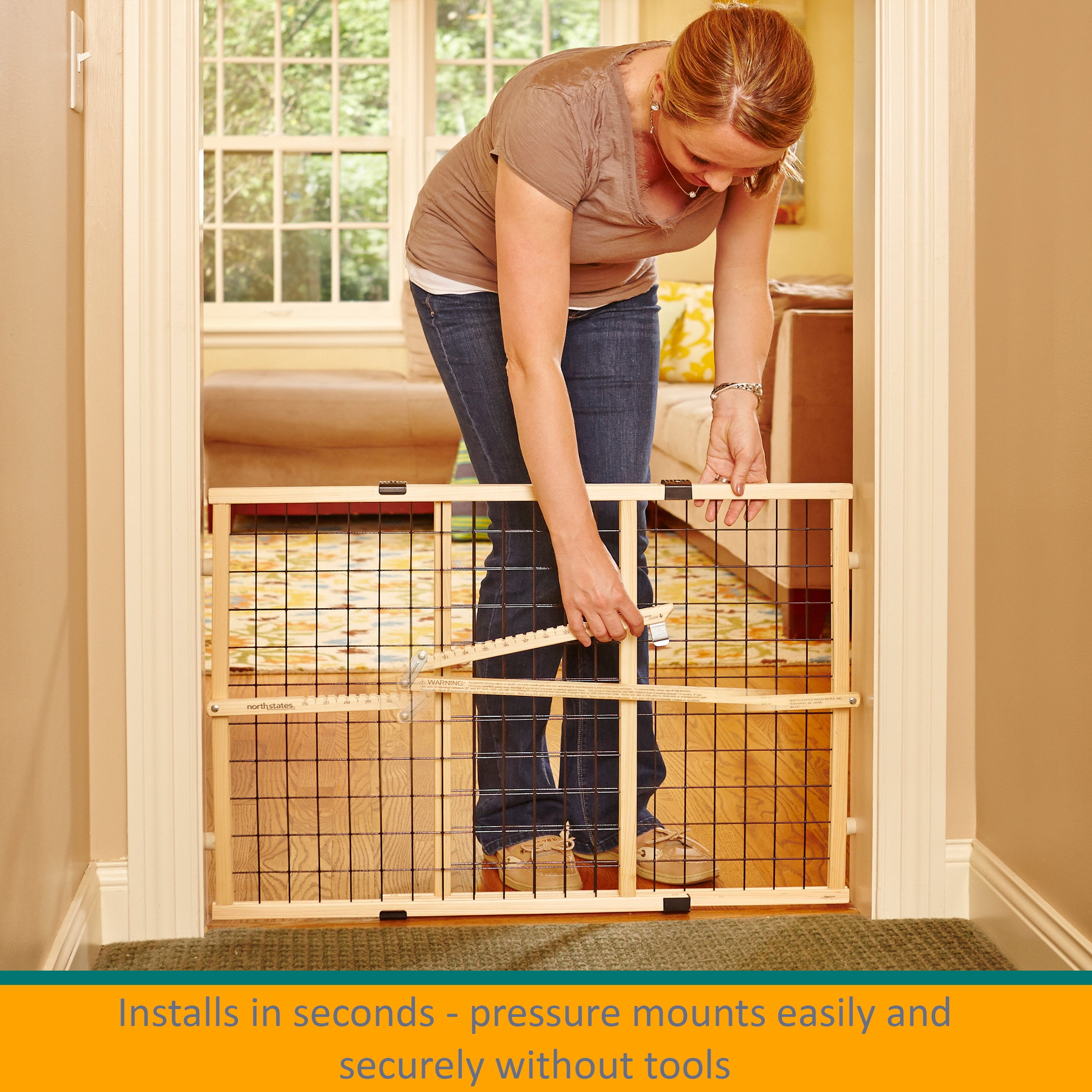 North States 26.5"-42" MyPet Wire Mesh Petgate for Small to Medium Dog Breeds, Natural Wood