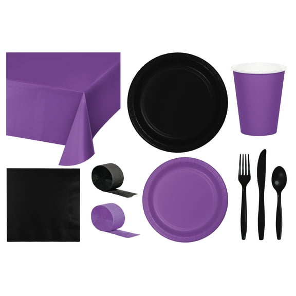 Baxters Party Bundle Bulk, Tableware for 24 People Amethyst and Black, 2 Size Plates Napkins, Paper Cups Tablecovers and Cutlery, Box of 199