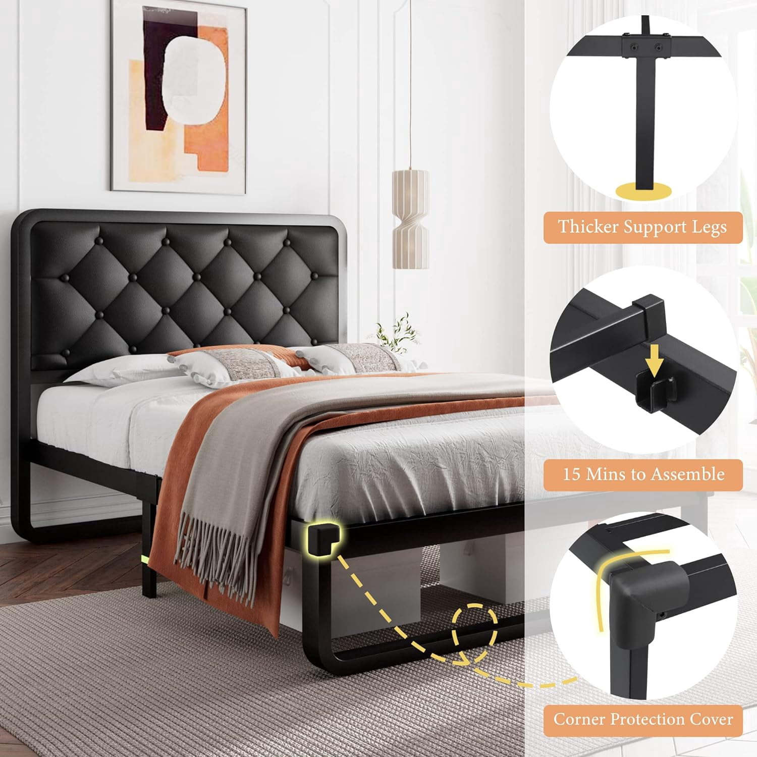 iPormis Twin Size Metal Bed Frame with Black Faux Leather Upholstered Headboard, 12'' Underbed Space,  Black